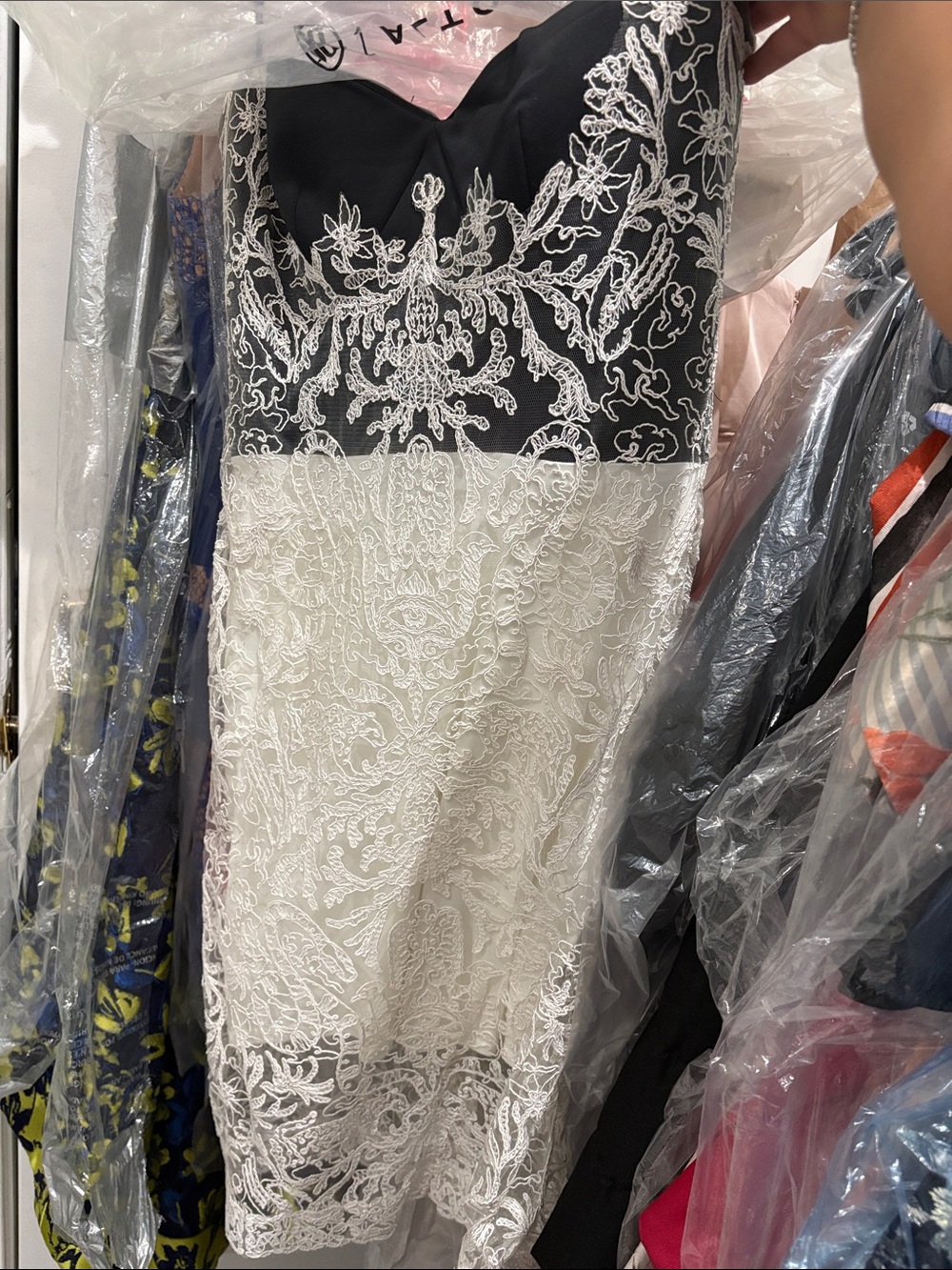 Tadashi Shoji Black and White Lace Strapless Midi Dress